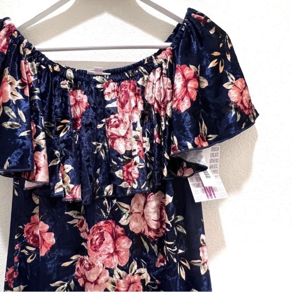Navy Floral LuLaRoe Cici Off Shoulder Ruffled Hem Midi Dress M - Picture 15 of 16
